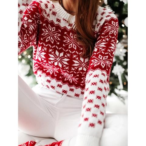 Suéter de Punto de Navidad para Mujer Reno Rojo Blanco Copo de Nieve Jacquard Nórdico Cuello Redondo Manga Larga Jersey Festivo