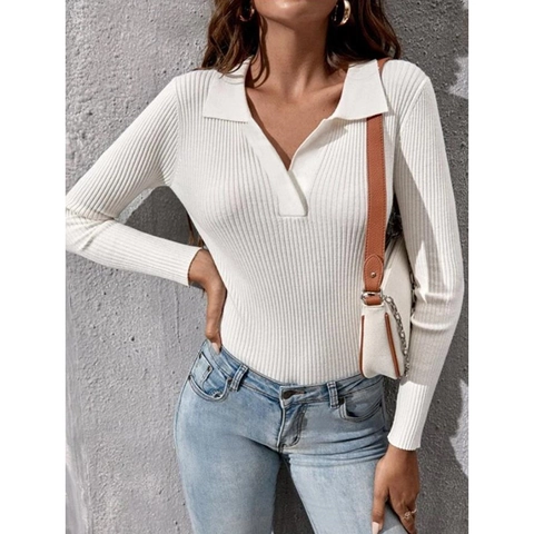 Dames Ribgebreide Polotrui Slanke Pasvorm Lange Mouw V-Hals Top Elegant Effen Kleur Woon-werkverkeer Gebreide Kleding Lente Herfst