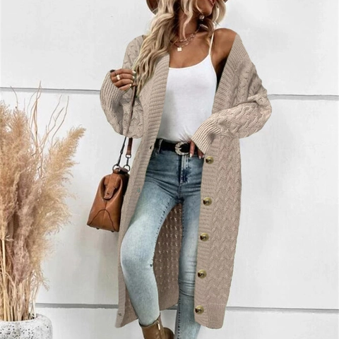 Damen Casual Langer Zopfmuster Strickjacke Lockerer V-Ausschnitt Einreihige Strickmantel Mit Taschen Einfarbige Strickoberbekleidung