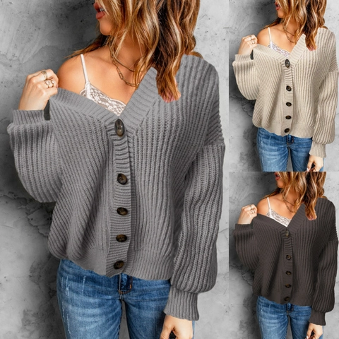 Chaqueta de Punto Holgada con Cuello en V para Mujer Suéter Casual de Punto Grueso Manga Larga Color Sólido