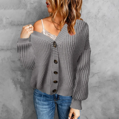 Chaqueta de Punto Holgada con Cuello en V para Mujer Suéter Casual de Punto Grueso Manga Larga Color Sólido