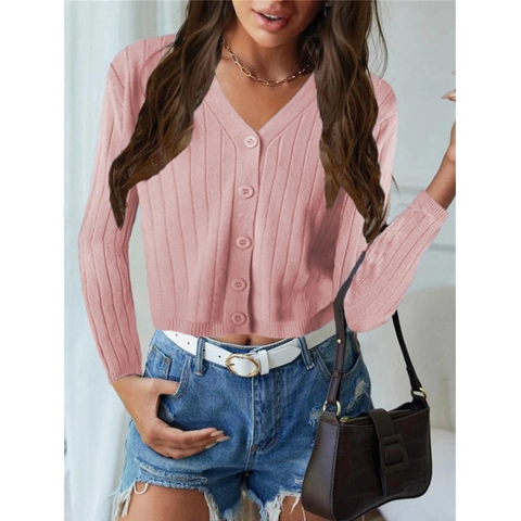 Damen Casual V-Ausschnitt Langarm Strickjacke Mit Knöpfen Gerippt Kurz Pullover Top