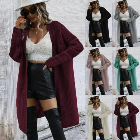 Cardigan Lungo in Maglia da Donna Maglione a Trecce Aperto sul Davanti Casual Largo Capispalla Manica Lunga Tinta Unita
