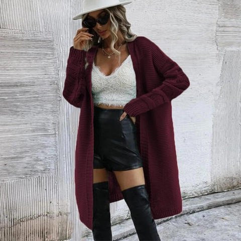 Cardigan Lungo in Maglia da Donna Maglione a Trecce Aperto sul Davanti Casual Largo Capispalla Manica Lunga Tinta Unita