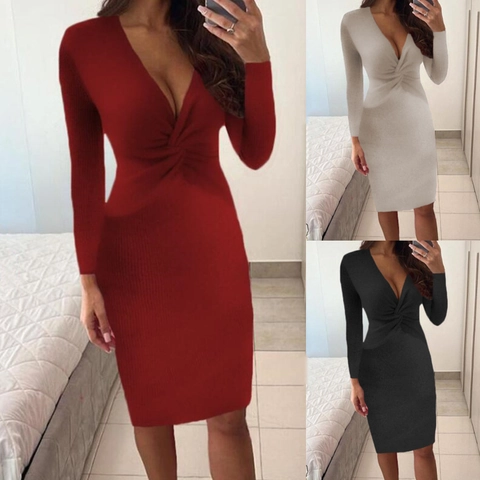Vestido Ajustado Sexy para Mujer Cuello en V Nudo Torsado Manga Larga Punto Acanalado Color Sólido Corte Slim Midi Otoño Invierno