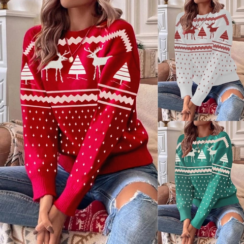 Women Christmas Sweater Reindeer Pattern Round Neck Long Sleeve Knit Pullover Holiday Party Casual Winter Top