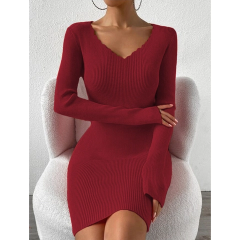 Damen Sexy V Ausschnitt Wellenkante Rippstrick Bodycon Kleid Langarm Schlanke Passform Einfarbig Herbst Winter Strickkleid
