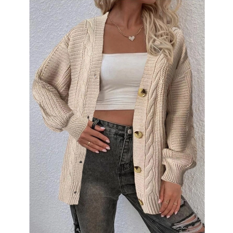 Cardigan Casual da Donna in Maglia a Trecce Scollo a V con Bottoni Tinta Unita Manica Lunga Cappotto di Maglia Autunno Inverno