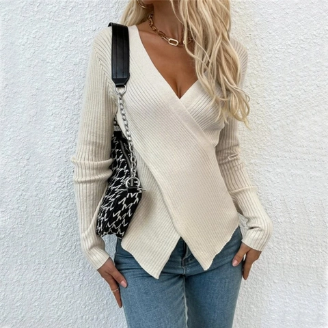 Women Wrap V-Neck Ribbed Knit Sweater Long Sleeve Irregular Hem Slim Fit Casual Pullover Solid Color Sexy Knit Top