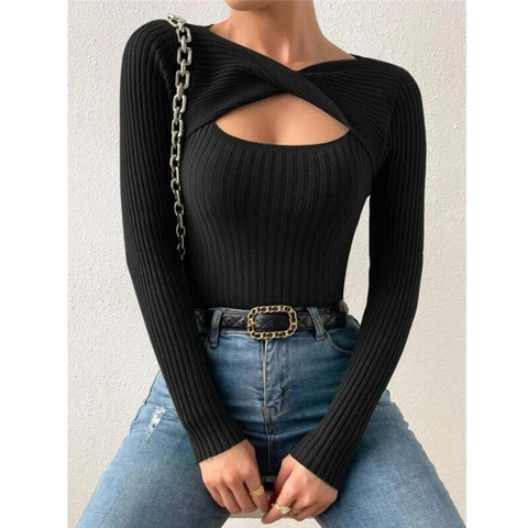 Dames Casual Ribgebreide Trui Pullover Lange Mouw Slim Fit Knoop Vooraan Uitsnede Effen Kleur Herfst Winter Top