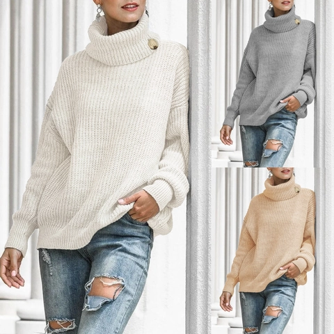 Maglione da Donna Casual Largo a Dolcevita Pullover a Maglia Con Bottoni Autunno Inverno Maniche Lunghe Tinta Unita