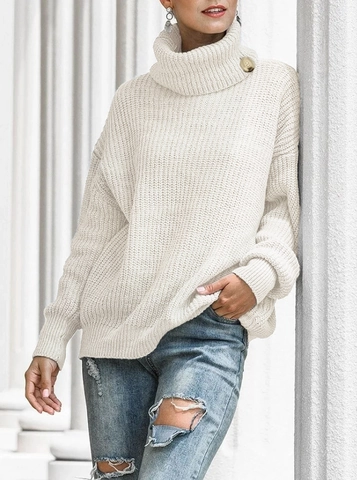 Maglione da Donna Casual Largo a Dolcevita Pullover a Maglia Con Bottoni Autunno Inverno Maniche Lunghe Tinta Unita