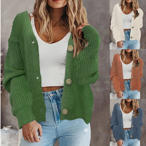 Damen Casual V-Ausschnitt Strickjacke Mit Knöpfen Lockere Langarm Strickoberbekleidung Einfarbig Weiches Herbst Winter Top