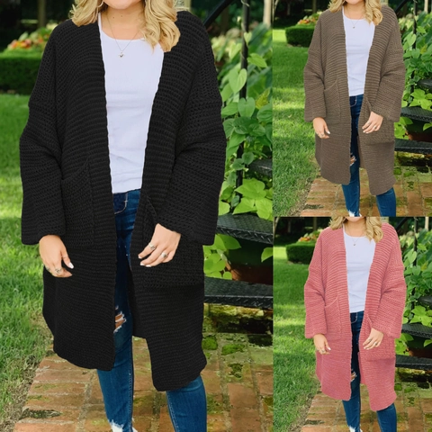 Gilet en Grosse Maille Ample pour Femme Ouvert Devant Manteau Pull Mi-Long Avec Poches Décontracté Manches Longues Col en V