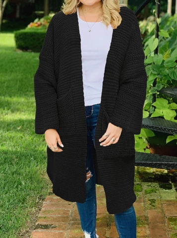 Gilet en Grosse Maille Ample pour Femme Ouvert Devant Manteau Pull Mi-Long Avec Poches Décontracté Manches Longues Col en V