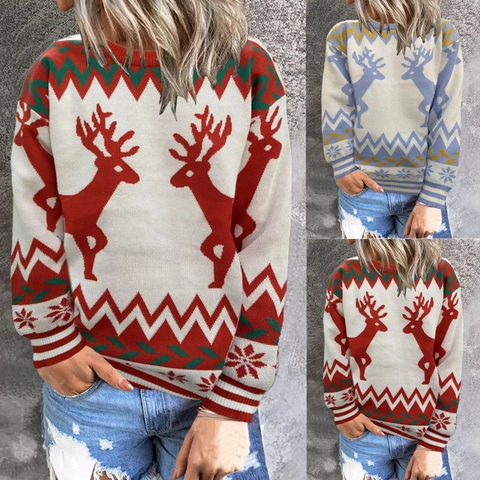 Maglione Donna Natalizio in Maglia Motivo Renna Fiocco di Neve Girocollo Manica Lunga Pullover Invernale Casual Festivo