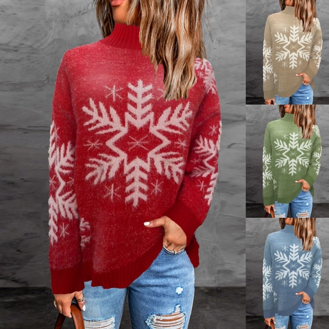 Suéter de Punto con Copo de Nieve de Navidad para Mujer Cuello Alto Manga Larga Cálido Pullover Fiesta de Navidad Tops de Invierno