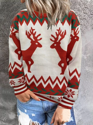 Maglione Donna Natalizio in Maglia Motivo Renna Fiocco di Neve Girocollo Manica Lunga Pullover Invernale Casual Festivo