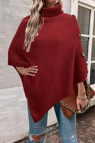 Women Turtleneck Knit Poncho Cape Loose Asymmetric Hem Polyester Sweater With Decorative Buttons Autumn Winter Shawl Outerwear