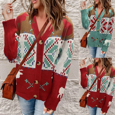 Dames Kerst Gebreid Vest Trui Vintage endier Sneeuwvlok Patroon V Hals Single Breasted Knoop Losse Winter Outwear