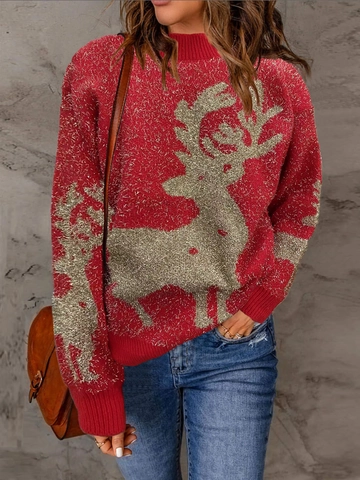 Suéter de Punto Navideño para Mujer con Reno Dorado Brillante Rojo Cuello Alto Manga Larga Pullover Ropa de Fiesta Casual