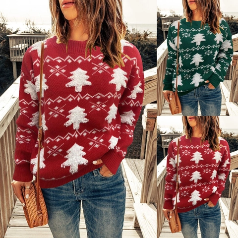 Damen Weihnachts Pullover Rundhals Langarm Strickpullover Mit Weihnachtsbaum Schneeflocken Muster Holiday Casual Strickmode