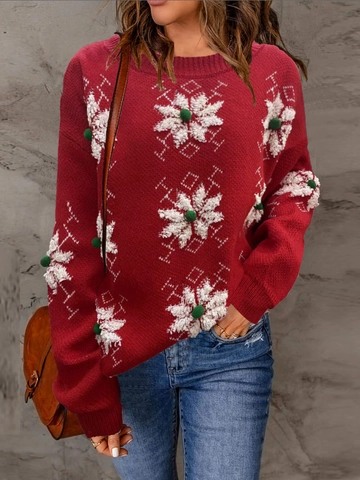 Suéter de Navidad para Mujer Rojo Copo de Nieve Jacquard Punto Pullover Con Pompones 3D Cuello Redondo Manga Larga Navidad