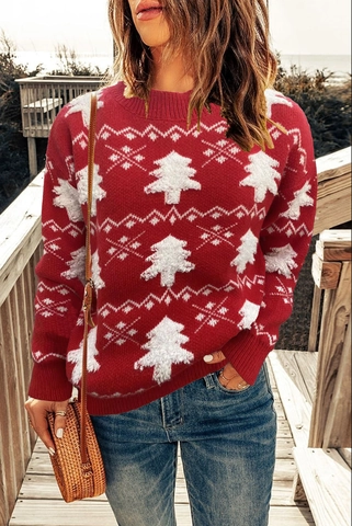 Damen Weihnachts Pullover Rundhals Langarm Strickpullover Mit Weihnachtsbaum Schneeflocken Muster Holiday Casual Strickmode