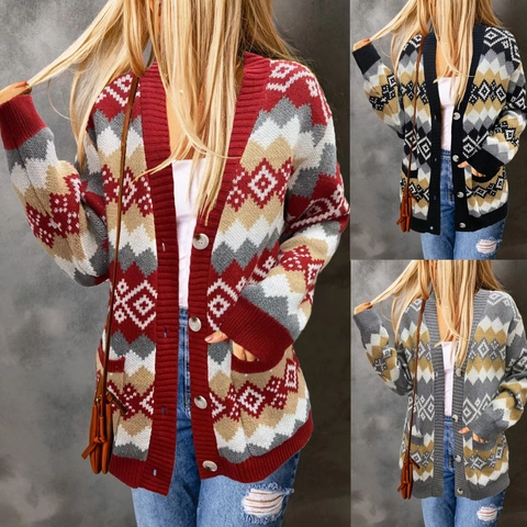 Cárdigan de Punto Navideño para Mujer Argyle Cuello en V Manga Larga con Botones Patrón Geométrico Chaqueta de Invierno Holgada
