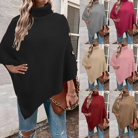 Women Turtleneck Knit Poncho Cape Loose Asymmetric Hem Polyester Sweater With Decorative Buttons Autumn Winter Shawl Outerwear