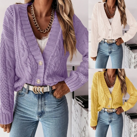 Gilet Femme Col en V Tricot Torsadé Pull Manches Longues Avec Boutons Künstliche Perles Décontracté Couleur Unie Automne Hiver Haut