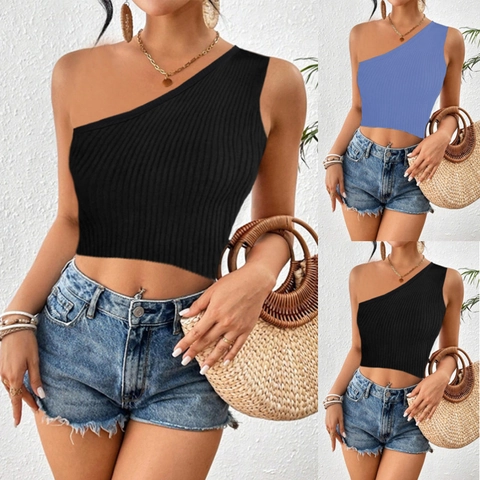 Camiseta de Tirantes Sexy de Un Hombro de Punto para Mujer Ajustada Color Sólido Crop Top de Canalé Sin Mangas Chaleco Casual de Verano