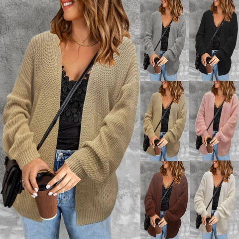 Women's Oversized Chunky Knit Cardigan Lantern Sleeve Drop Shoulder Open Front Solid Color Casual Sweater Coat For Fall Winter