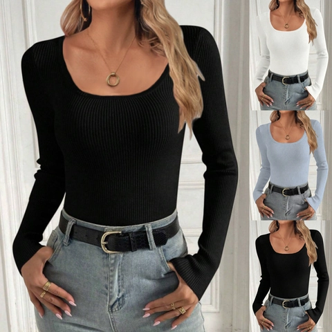 Maglione da Donna Sexy Scollo a U Manica Lunga in Maglia a Coste Slim Fit Tinta Unita Elegante Casual Viscosa
