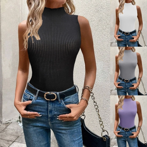 Dames Casual Hoge Hals Mouwloos Geribbelde Gebreide Tanktop Slim Fit Effen Kleur Zomer Vest Top