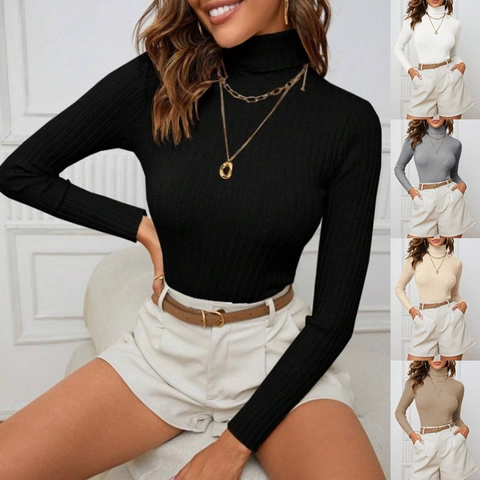 Damen Rollkragen Gerippter Strickpullover Schlanke Passform Langarm Pullover Weich Einfarbig Basic Unterhemd Für Herbst Winter