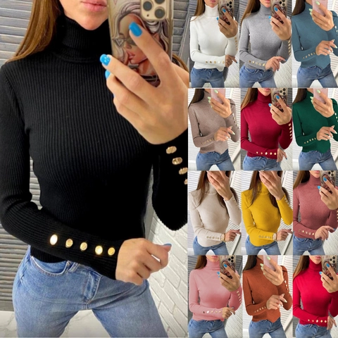 Maglione Donna Dolcevita in Maglia a Costine Vestibilità Slim Pullover Top Con Polsini a Bottoni in Metallo Manica Lunga