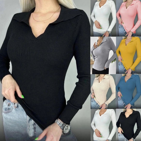 Dames Casual Geribbelde Polo Trui Slim Fit V-hals Lange Mouwen Pullover Effen Kleur Elegant Woon-werkverkeer Top