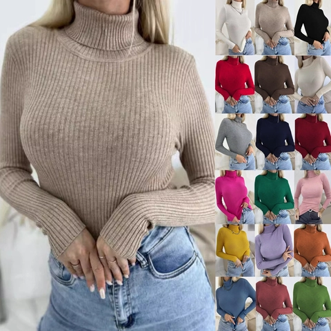 Pull à Col Roulé en Maille Côtelée Décontracté pour Femmes Coupe Slim Couleur Unie Manches Longues Automne Hiver