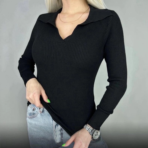 Dames Casual Geribbelde Polo Trui Slim Fit V-hals Lange Mouwen Pullover Effen Kleur Elegant Woon-werkverkeer Top
