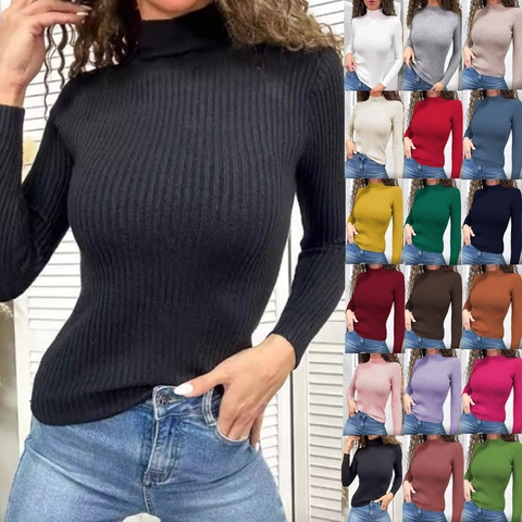 Jersey de Punto de Canalé con Cuello Perkins para Mujer Corte Ajustado Manga Larga Color Sólido Casual Pullover Elástico para Otoño Invierno