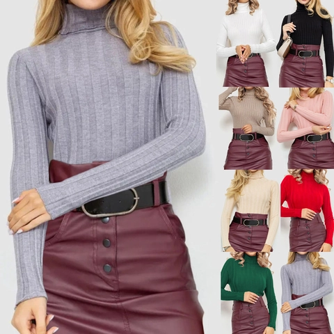 Suéter de Punto de Canalé con Cuello Alto para Mujer Ajuste Delgado Manga Larga Rayado Pullover Otoño Invierno Casual