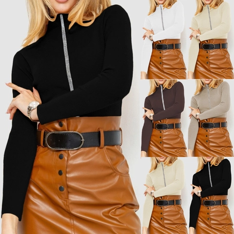 Dames Slanke Pasvorm Gebreide Trui Mock Neck Strass Decor Lange Mouwen Pullover Elegant Herfst Winter Mode Knit Top