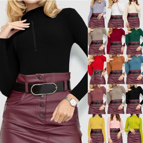 Suéter De Punto Acanalado Para Mujer Cuello Medio Alto Ajustado Decoración De Botones Manga Larga Color Sólido Jersey Para Uso Diario