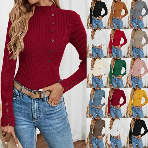 Dames Mock Neck Geribbelde Gebreide Trui Knoop Decor Slim Fit Lange Mouwen Pullover Casual Effen Kleur Rekbaar Breisel
