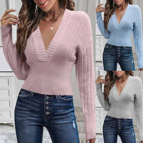 Suéter de Punto Calado con Cuello en V para Mujer Manga Larga Dobladillo Acanalado Pullover Ajustado Top Corto