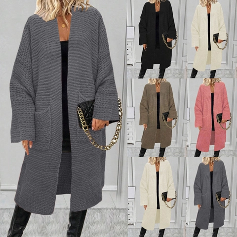 Dames Oversized Grofgebreid Vest Lange Mouwen Open Voorkant Trui Jas Met Zakken Effen Kleur Losse Jas