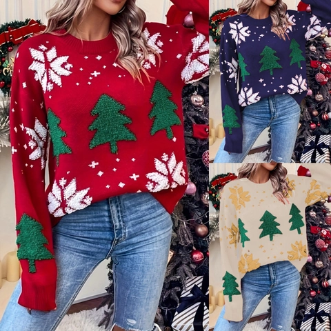 Pull de Noël en Tricot pour Femme Col Rond Manches Longues Avec Motif Sapin de Noël 3D et Flocons de Neige Haut d'Hiver