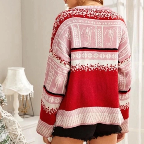 Maglione Donna Natalizio in Maglia Largo Manica Lunga Girocollo Festivo Patchwork Motivo Geometrico Top