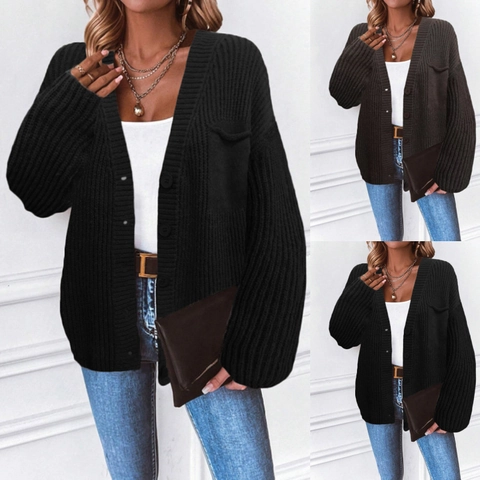 Cárdigan de Punto Grueso para Mujer Cuello en V con Botones Suéter Holgado de Manga Larga con Bolsillo Chaqueta de Color Sólido
